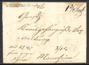 Altdeutschland Baden 1853 WIESENBACH R.2. Vorphila Brief nach Mannheim