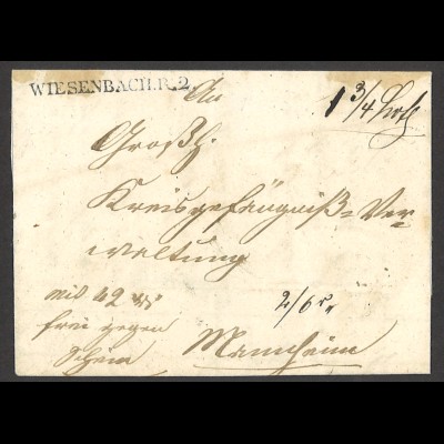 Altdeutschland Baden 1853 WIESENBACH R.2. Vorphila Brief nach Mannheim