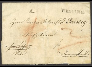 Altdeutschland Baden 1832 Vorphila Brief L1 WEINHEIM. n. Darmstadt Teilfranko 