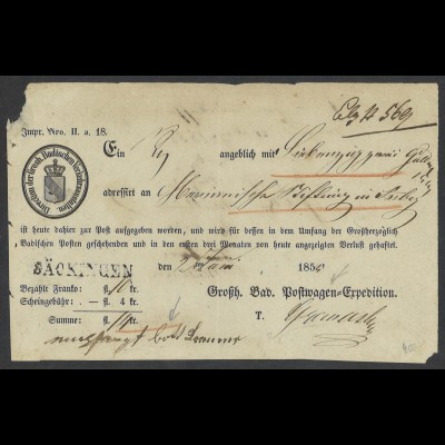 Altdeutschland Baden 1852 Postschein L1 Säckingen (Feuser BN 433)
