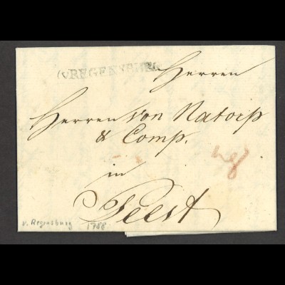 Altdeutschland Bayern 1788 Vorphila Brief mit L1 Stempel v. Regensburg n. Peest