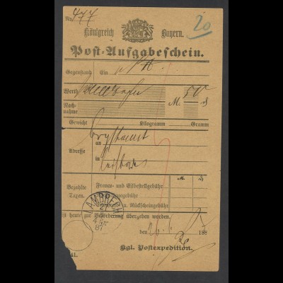 Altdeutschland Bayern 1887 Postschein K2 Stempel LAMBRECHT