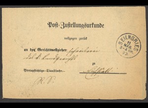 Altdeutschland Bayern 1892 Postzustellungsurkunde aus Beilinggries n. Eichstätt