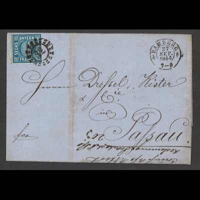 Altdeutschland Bayern 1864 Brief 6 Kreuzer Blau EF MiNr. 10 Bamberg Passau