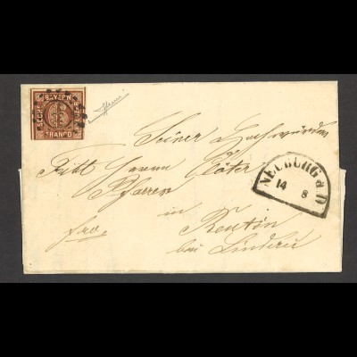 Altdeutschland Bayern 1858 Brief 6 Kreuzer MiNr. 4 EF Neuburg n. Reutin Lindau