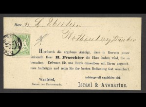 Altdeutschland Bayern 1869 Avis Karte 1 Kreuzer MiNr. 14 EF Wanfried Rothenburg