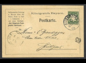 Altdeutschland Bayern 1905 Postkarte 5 Pf. Augsburg Zudruck Seifensieder Zeitung