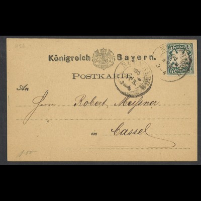 Altdeutschland Bayern 1876 Postkarte 5 Pf. MiNr. 38a EF Nürnberg n. Cassel