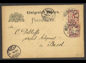 Altdeutschland Bayern 1888 Postkarte P 30 5 Pf. mit ZuF MiNr. 55A 5 Pf. n. Basel
