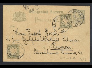 Altdeutschland Bayern 1900 GS Postkarte 2 Pf. + ZuF MiNr. 65 2 Pf. [2] Augsburg