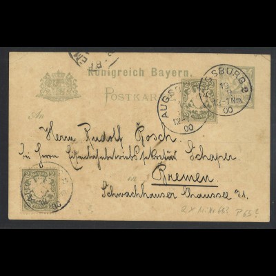 Altdeutschland Bayern 1900 GS Postkarte 2 Pf. + ZuF MiNr. 65 2 Pf. [2] Augsburg
