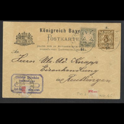 Altdeutschland Bayern 1900 GS Postkarte 3 Pf. + ZuF MiNr. 65 2 Pf. n. Reutlingen