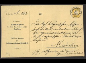Altdeutschland Bayern 1906 Brief Zustellungsurkunde EF MiNr. 67 Augsburg München