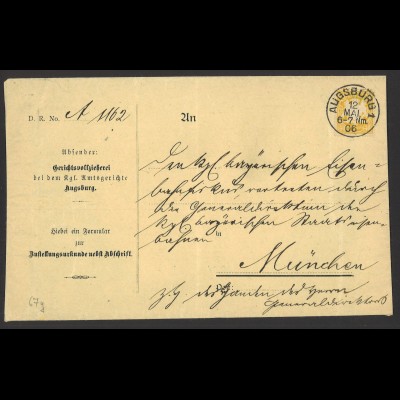 Altdeutschland Bayern 1906 Brief Zustellungsurkunde EF MiNr. 67 Augsburg München