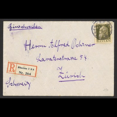 Altdeutschland Bayern 1915 R-Brief 40 Pf. EF MiNr. 85 n. Zürich Bahnpost Label