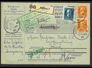 Altdeutschland Bayern 1917 Paketkarte MiF MiNr. 97 Ia u. 99 II Augsburg Schweiz