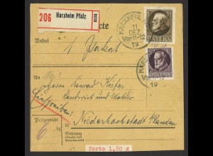 Altdeutschland Bayern 1919 Paketkarte MiF MiNr. 103 + 104 Harxheim Pfalz