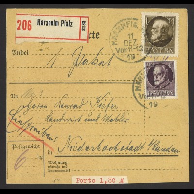 Altdeutschland Bayern 1919 Paketkarte MiF MiNr. 103 + 104 Harxheim Pfalz