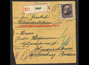 Altdeutschland Bayern 1920 Paketkarte MiF MiNr. 105,138 u. 139 Speyer 