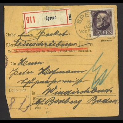 Altdeutschland Bayern 1920 Paketkarte MiF MiNr. 105,138 u. 139 Speyer 