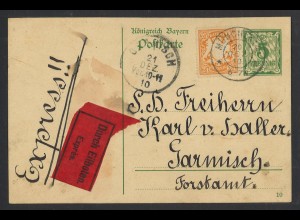 Altdeutschland Bayern 1910 Postkarte 5 Pf. + ZuF 25 Pf. MiNr. 62 Eilboten Expres