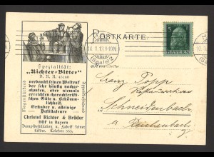 Altdeutschland Bayern 1913 Brief MiNr. 77 EF Hof Zudruck Likörfabrik Alkohol
