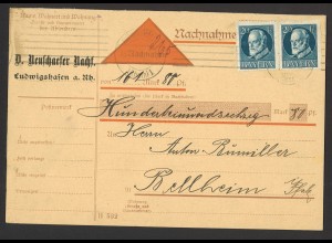 Altdeutschland Bayern 1920 Nachnahme-Postkarte MeF MiNr. 97 20 Pf. n. Belheim
