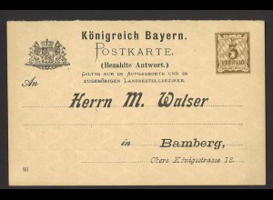 Altdeutschland Bayern 1893 Postkarte P 41/04x (Antwort) Zudruck Walser Bamberg