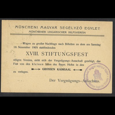 Altdeutschland Bayern 1905 Postkarte PZD 4/03 Münchener Ungarischer Hilfsverein