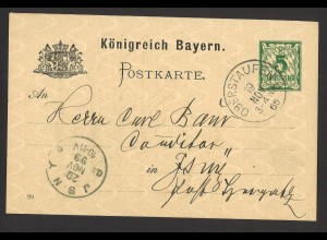 Altdeutschland Bayern 1899 Postkarte 5 Pf. K1 Oberstaufen Stpl-Fehler Kopfsteher