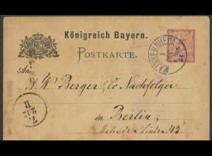 Altdeutschland Bayern 1884 Postkarte 5 Pf. mit K1 Mainbernheim nach Berlin
