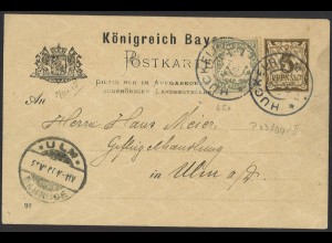 Altdeutschland Bayern 1900 Postkarte P 43 + ZuF MiNr. 65 x K2 Huckelheim Blau 