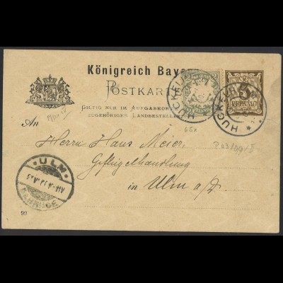 Altdeutschland Bayern 1900 Postkarte P 43 + ZuF MiNr. 65 x K2 Huckelheim Blau 