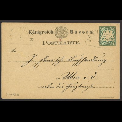 Altdeutschland Bayern 1877 Postkarte P 8 II HKS „JETTINGEN“ (12a, +35 Punkte)