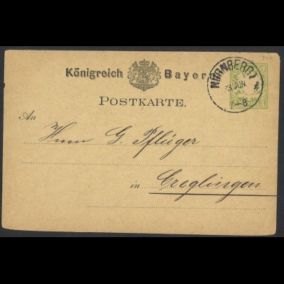 Altdeutschland Bayern 1880 Postkarte P 17 Nürnberg n. Creglingen Firmen-Zudruck