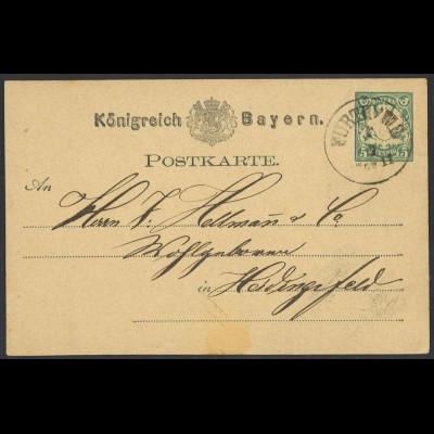Altdeutschland Bayern 1877 Postkarte 5 Pf. mit HKS Heidingsfeld (Ankunfts-Stpl.)
