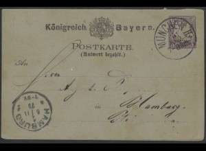 Altdeutschland Bayern 1874 Postkarte P 20 II (F+A) München nach Hamburg MI 90 €