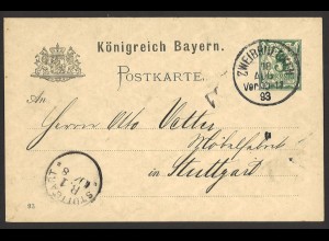 Altdeutschland Bayern 1893 Postkarte 5 Pf. P 38/12 z Zweibrücken n. Stuttgart