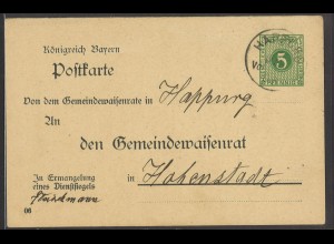 Altdeutschland Bayern 1908 Dienst Postkarte 5 Pf. DPB 4/02 Happurg n. Hohenstadt