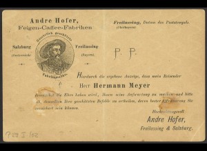 Altdeutschland Bayern 1884 Postkarte 3 Pf. P 29 I/02 Zudruck Hofer Freilassing