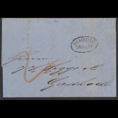 Altdeutschland Hamburg 1864 Brief nach Geesthacht (K2) + Bogenstempel Bergedorf