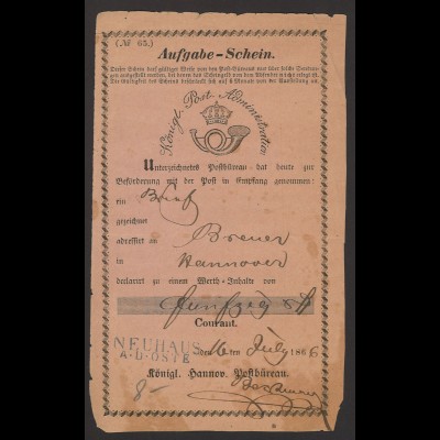 Altdeutschland Hannover 1886 Postschein NEUHAUS / A•D•OSTE n. Bremen
