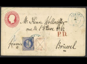 Altdeutschland Hannover 1861 Brief Ganzsache U5 ZuF MiNr. 15b Brüssel Bahnpost