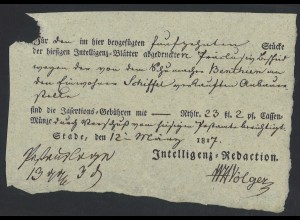 Altdeutschland Hannover 1817 Postschein / Zeitungsschein Stade (Ortsdruck)