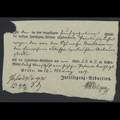Altdeutschland Hannover 1817 Postschein / Zeitungsschein Stade (Ortsdruck)