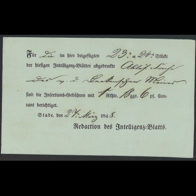Altdeutschland Hannover 1848 Postschein / Zeitungsschein Stade (Ortsdruck)