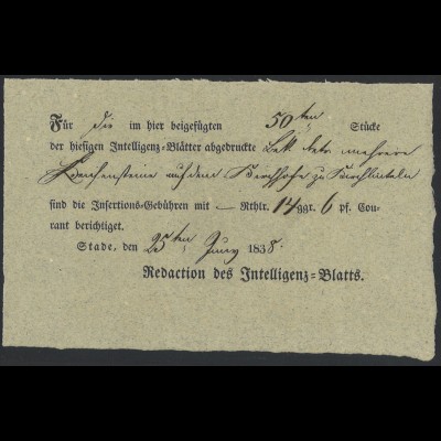 Altdeutschland Hannover 1838 Postschein / Zeitungsschein Stade (Ortsdruck)