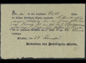 Altdeutschland Hannover 1835 Postschein / Zeitungsschein Stade (Ortsdruck)