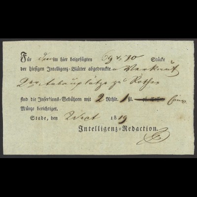 Altdeutschland Hannover 1819 Postschein / Zeitungsschein Stade (Ortsdruck)