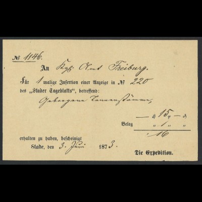 DR Altdeutschland Hannover 1873 Postschein / Zeitungsschein Stade (Ortsdruck)
